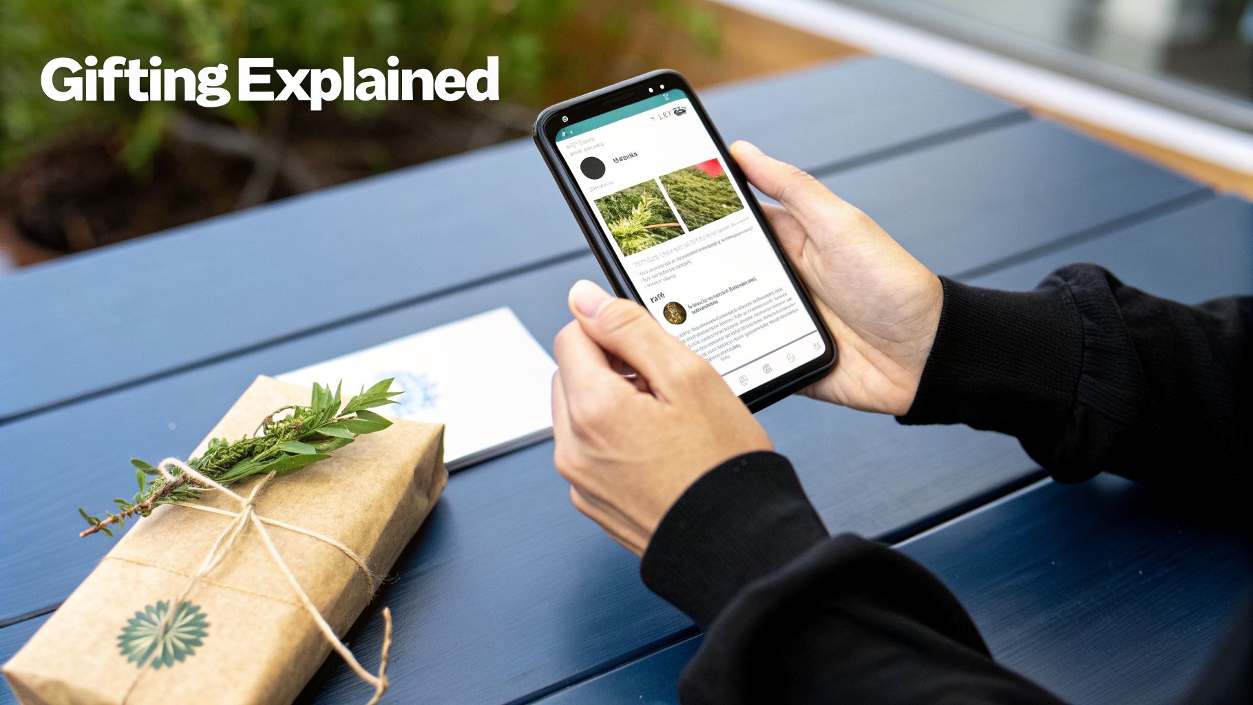 Person holding a smartphone with a plant app, next to a rustic gift on a blue outdoor table.
