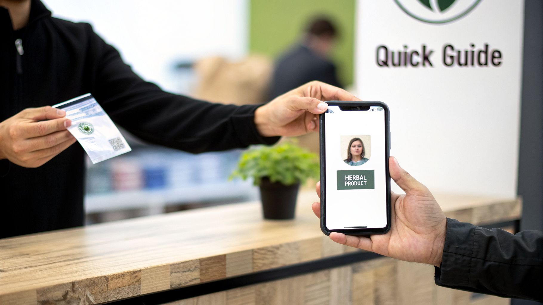 Hands exchanging a small package with a QR code while viewing a smartphone displaying 'Herbal Product' details.