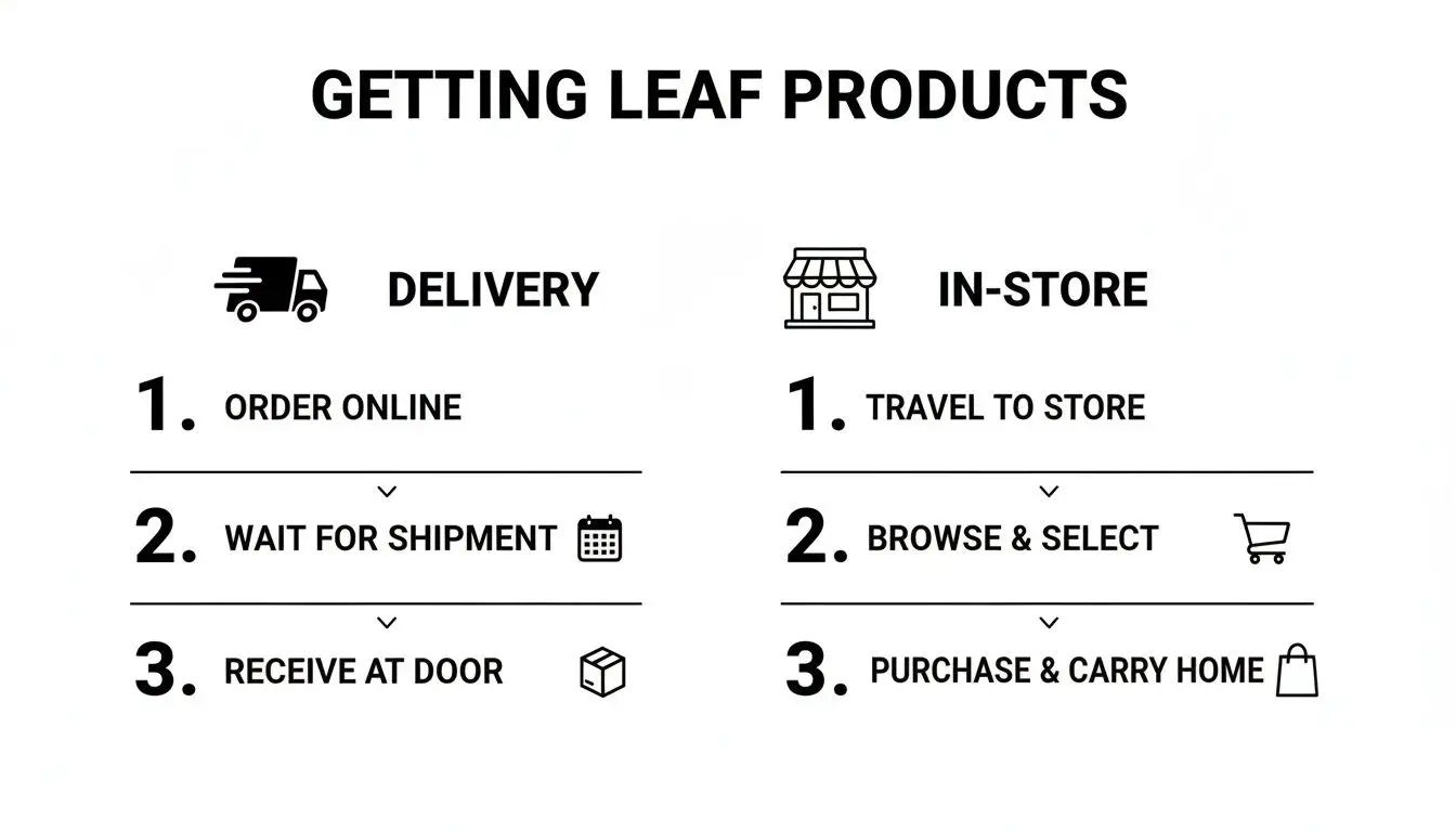 Visual guide outlining two methods for getting Leaf products: home delivery and in-store purchase.