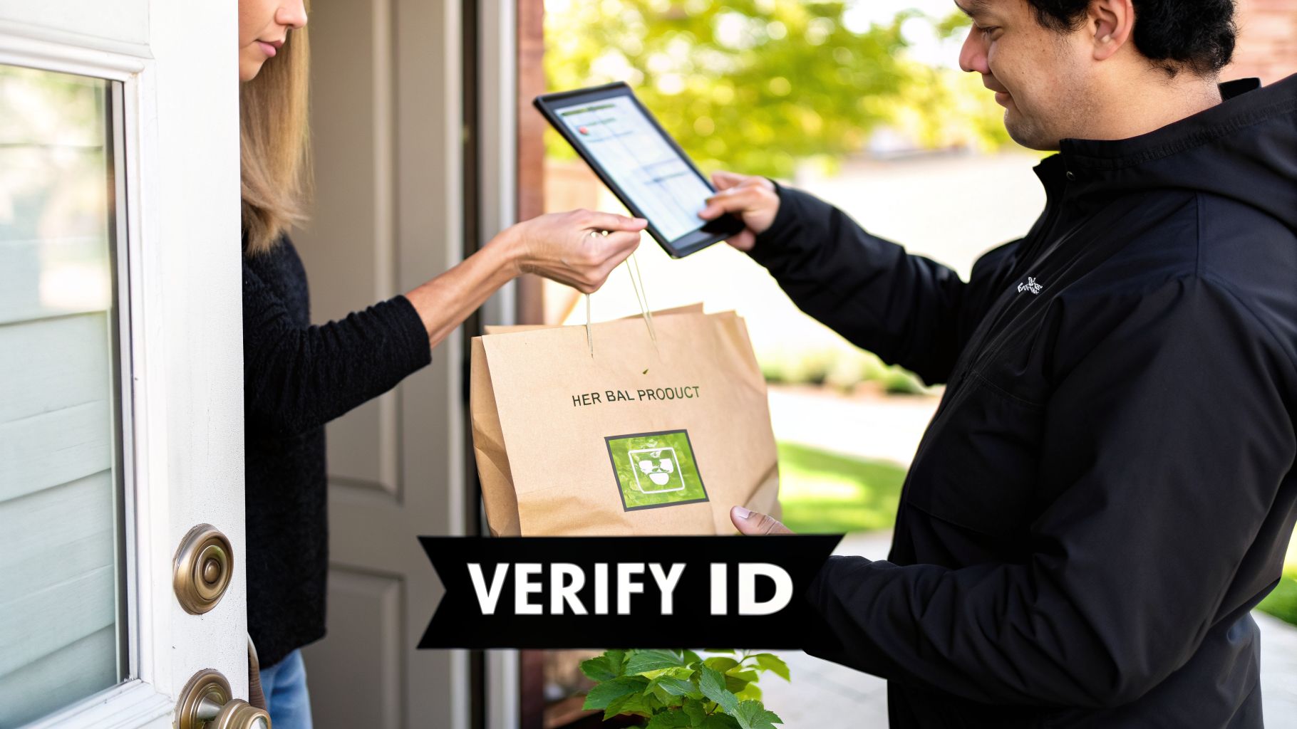 A delivery person hands a brown bag labeled 'HER BAL PRODUCT' and a tablet to a customer for ID verification at their doorstep.