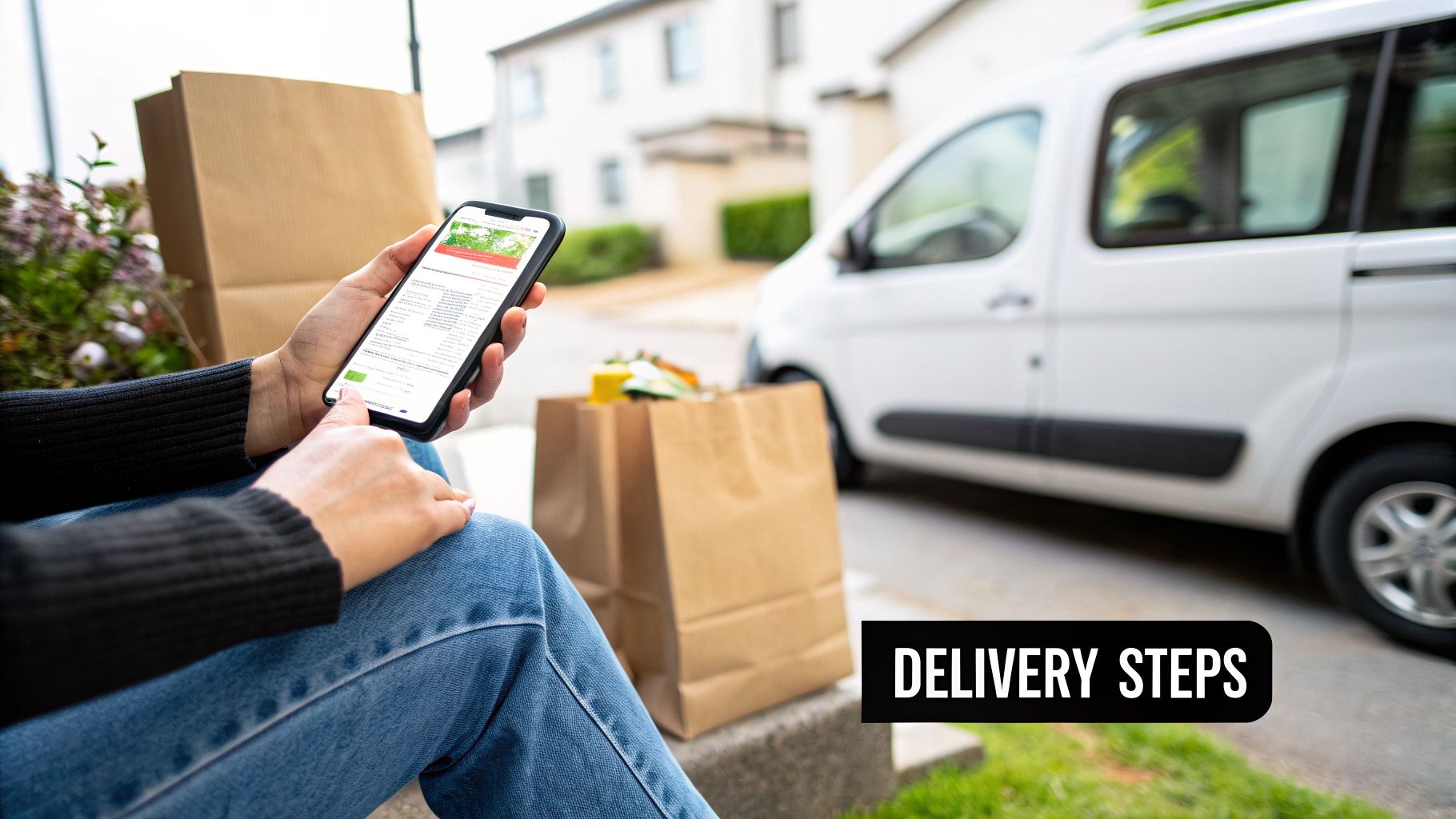 Person tracking an online delivery on a smartphone, with paper bags and a white delivery van nearby.