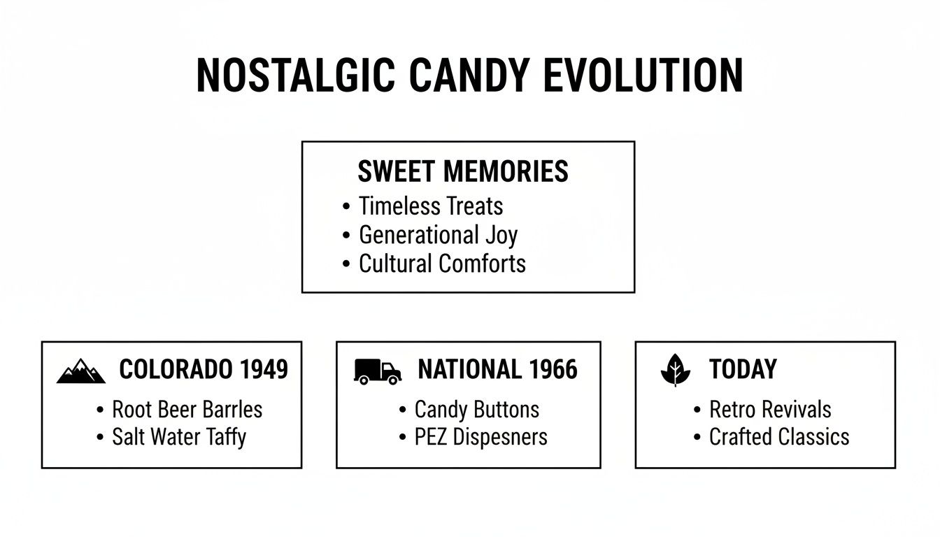 A diagram illustrating the evolution of nostalgic candy from Colorado 1949 to today's trends.