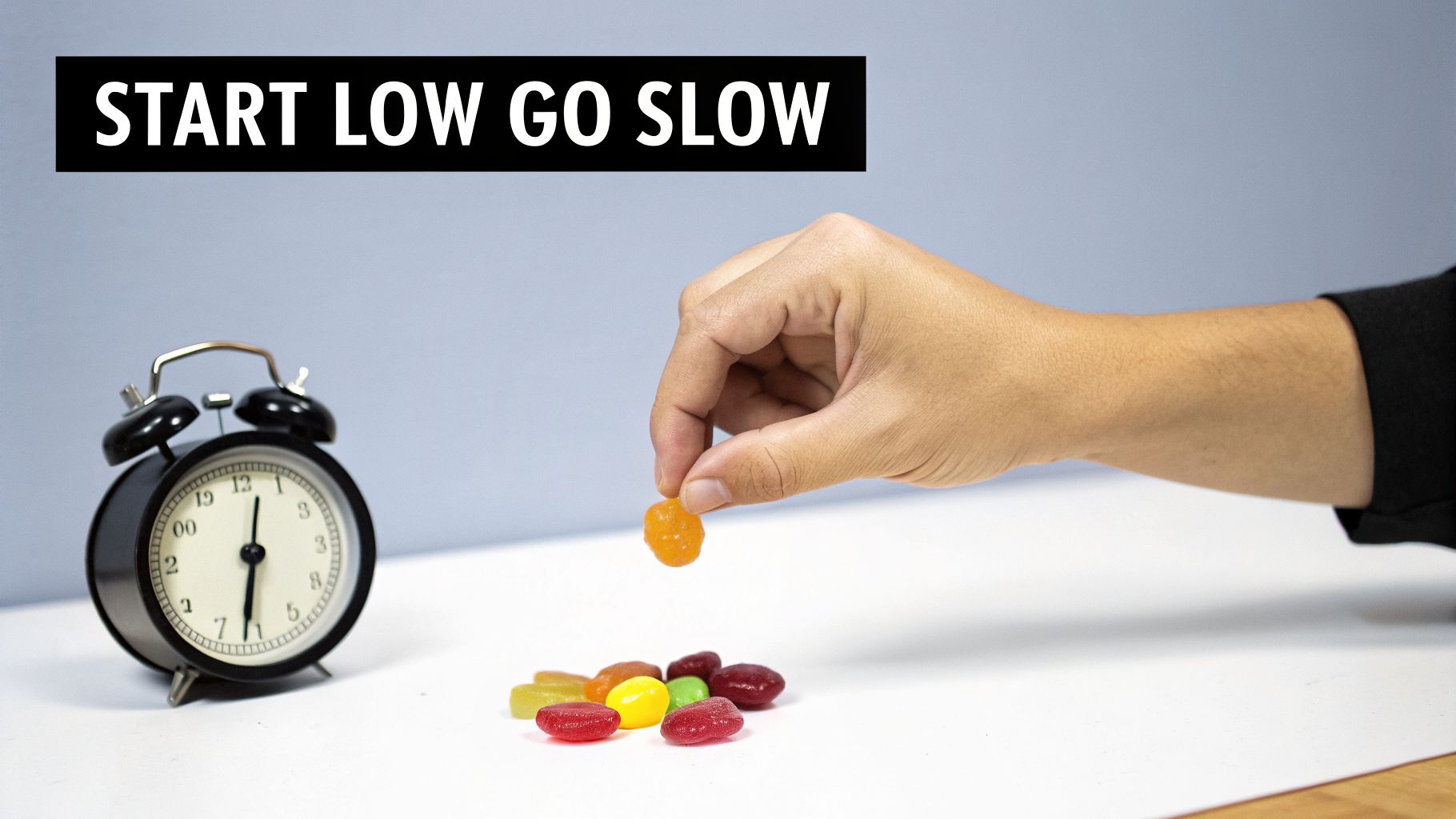 A hand picks an orange gummy from a colorful pile next to an alarm clock. Text: 'START LOW GO SLOW'.