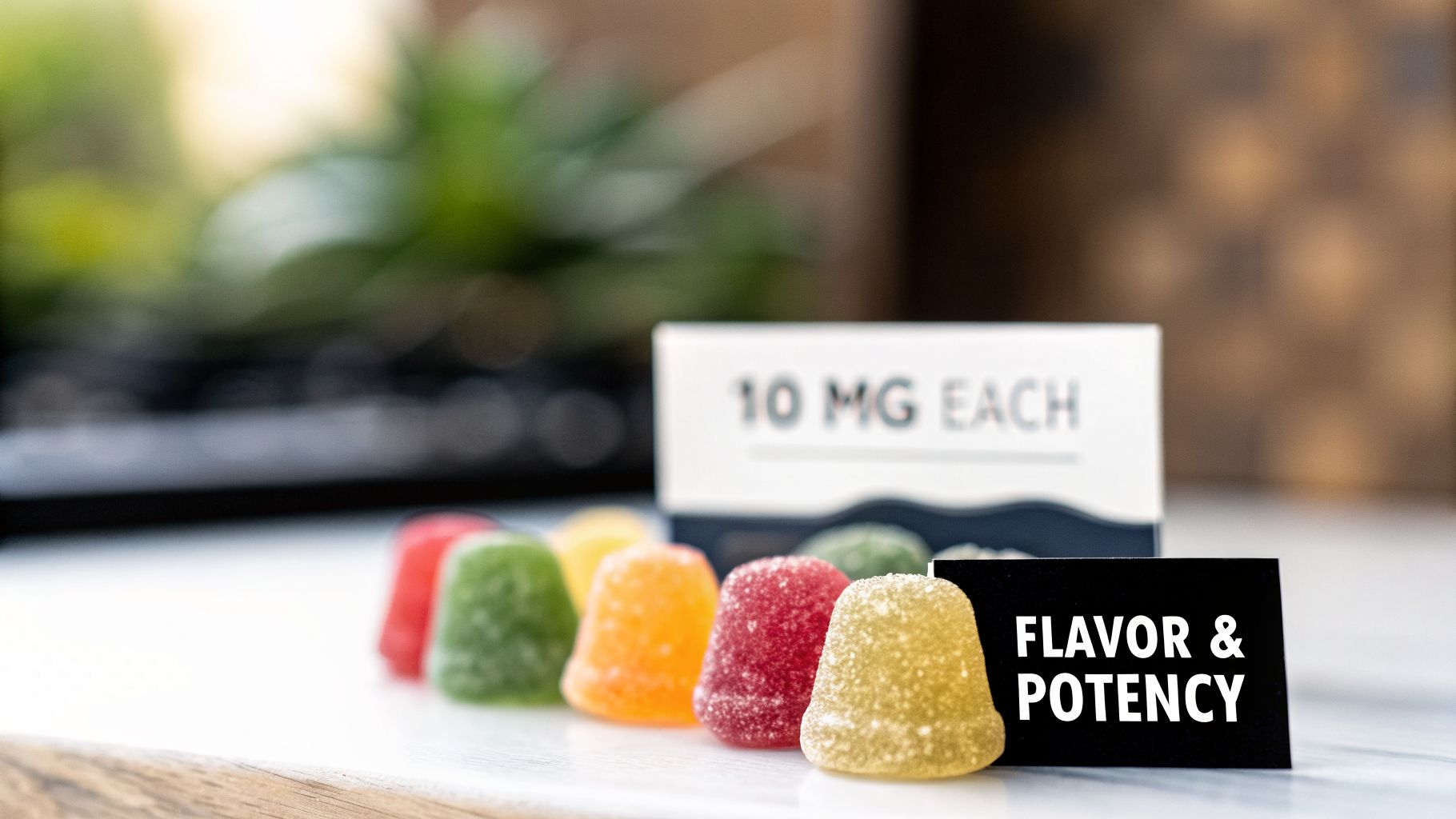 A row of colorful, sugar-coated gummies in front of a box labeled '10 MG EACH' and a card saying 'FLAVOR & POTENCY'.