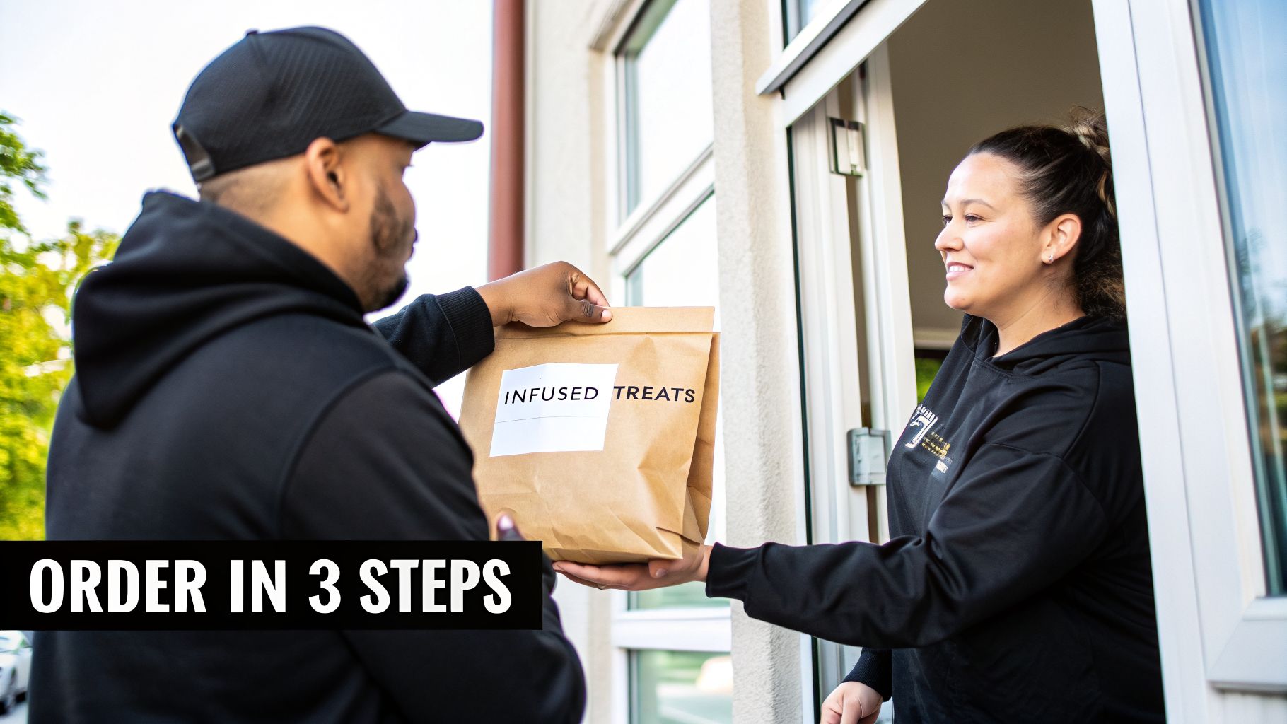 A delivery driver in a black hoodie hands a brown paper bag labeled 'Infused Treats' to a smiling customer.