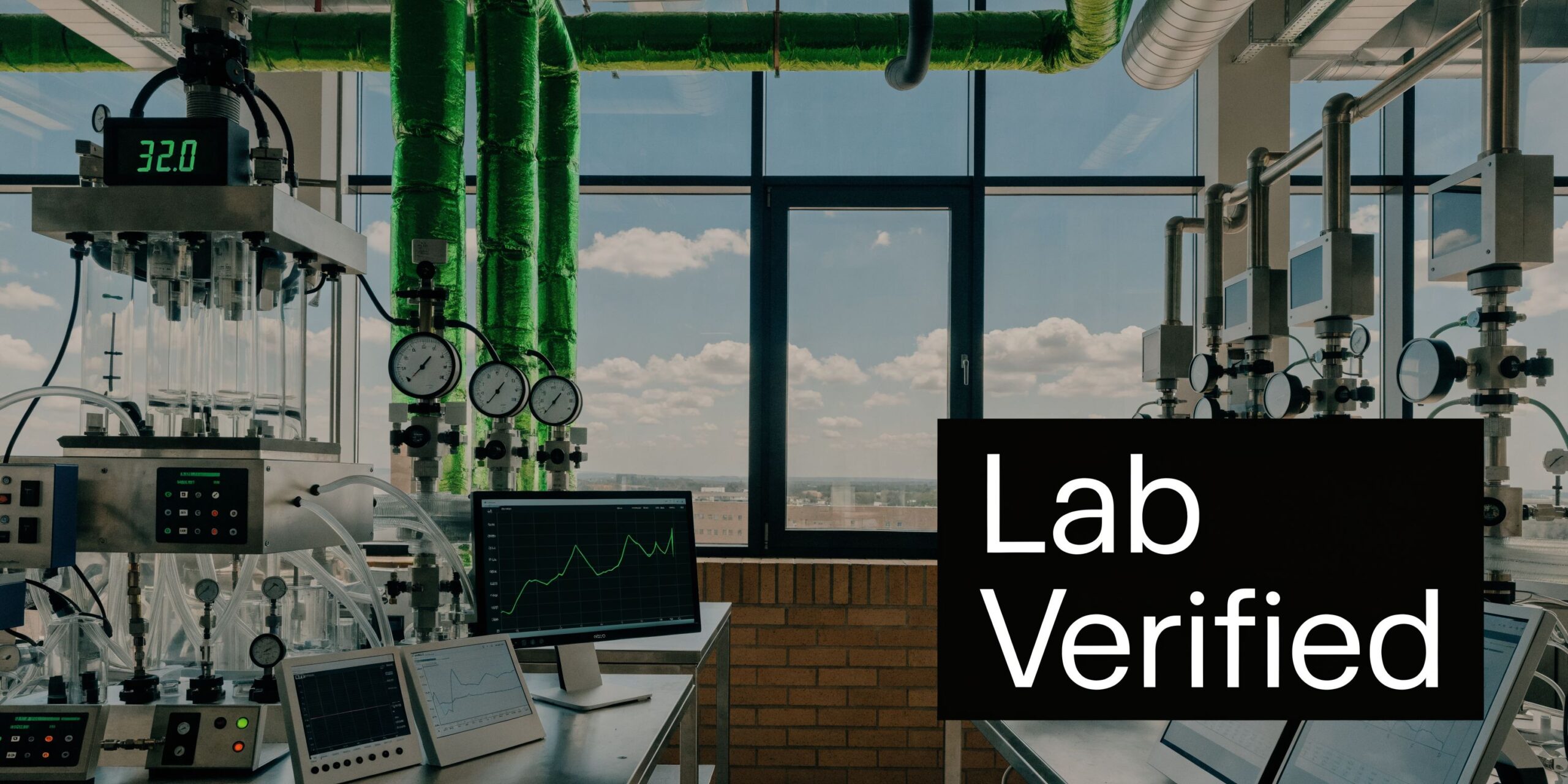 A modern laboratory setting featuring scientific glass apparatus, digital monitoring equipment, and clear computer displays showing data.