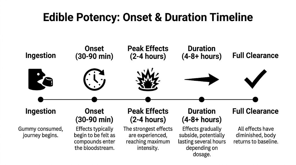 A timeline graphic showing the stages of edible cannabis consumption from ingestion through peak effects to clearance.