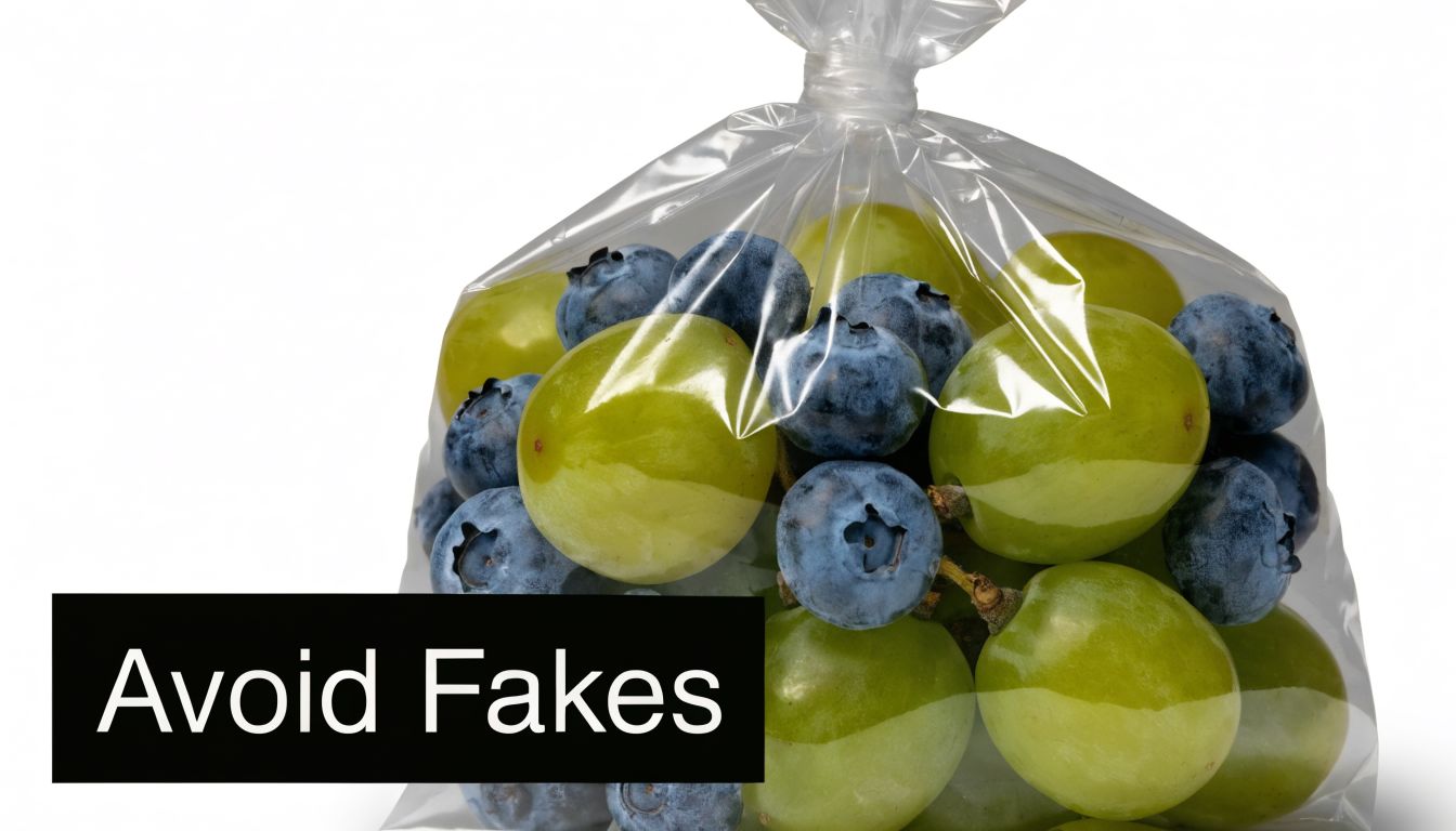 A plastic bag filled with a mix of green grapes and blueberries with an Avoid Fakes label.