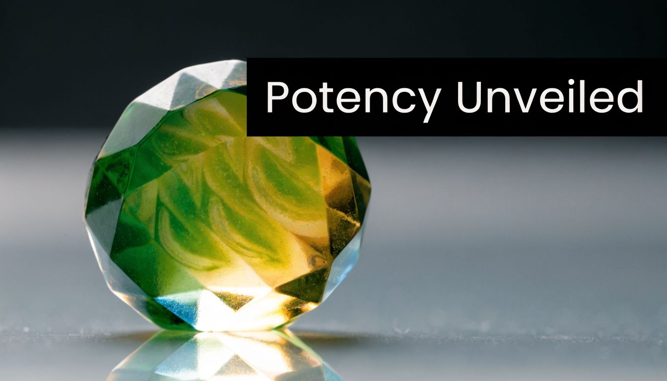 A multifaceted, glowing green and yellow gem-shaped object reflecting light, next to the text Potency Unveiled.