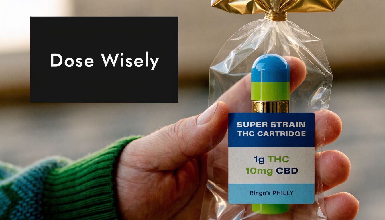 A person holds a packaged THC cartridge with a label indicating 1g THC and 10mg CBD content.