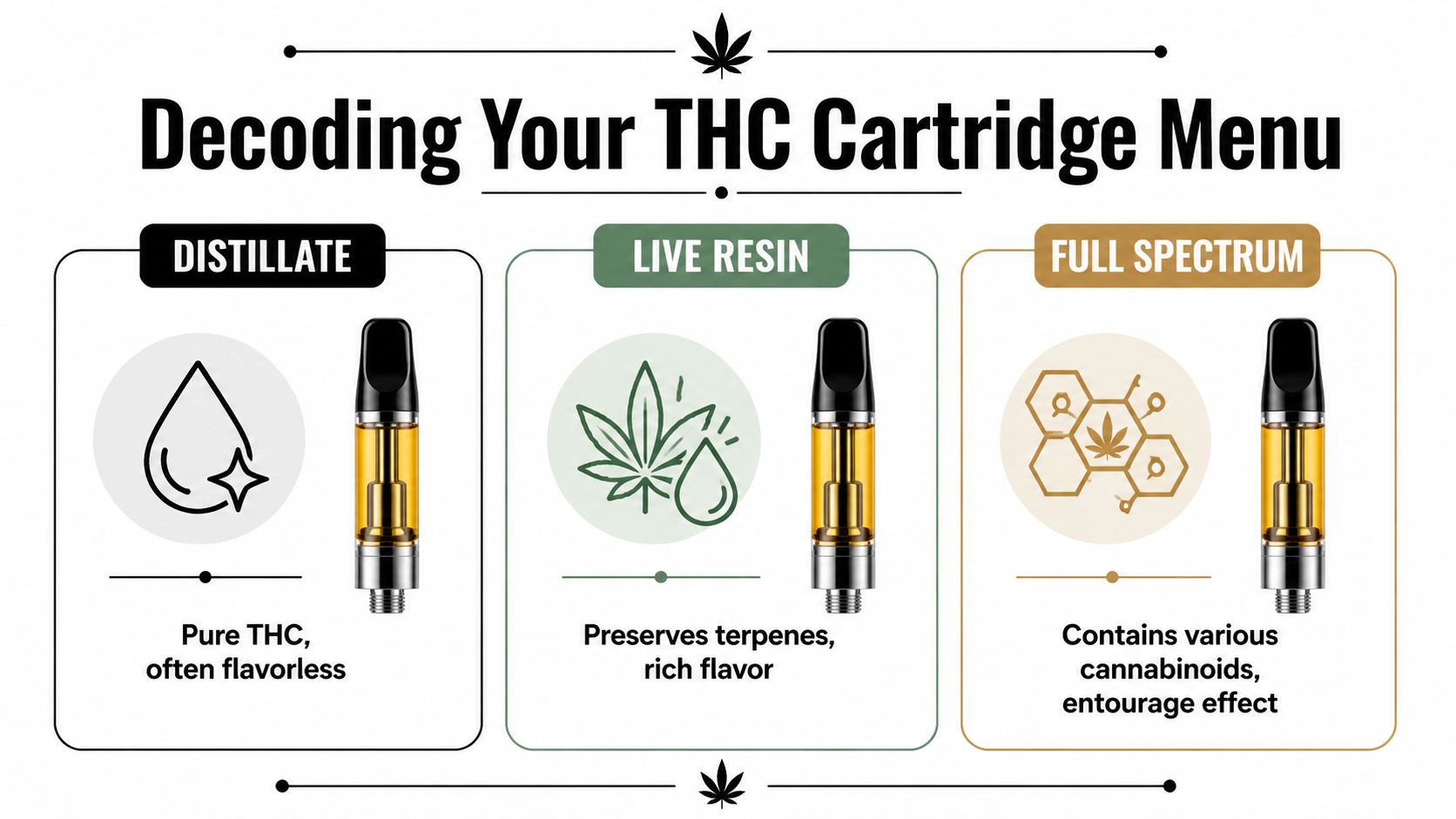 An infographic titled Decoding Your THC Cartridge Menu, explaining the differences between distillate, live resin, and full spectrum.