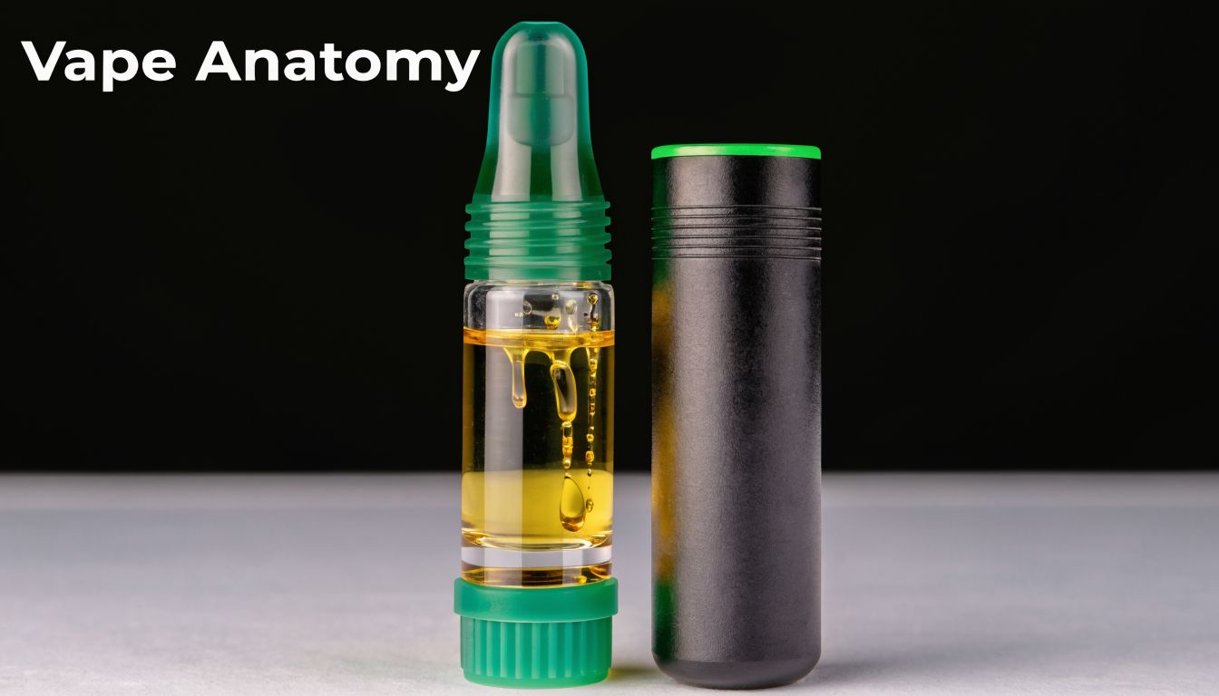 A close-up view of a vape cartridge containing golden cannabis oil next to its black battery casing.