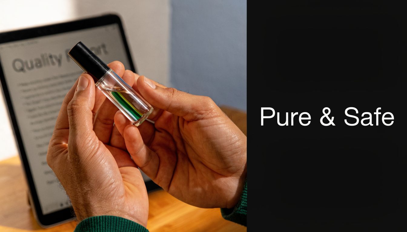 A person holding a small glass cartridge containing a green liquid near a digital tablet screen.