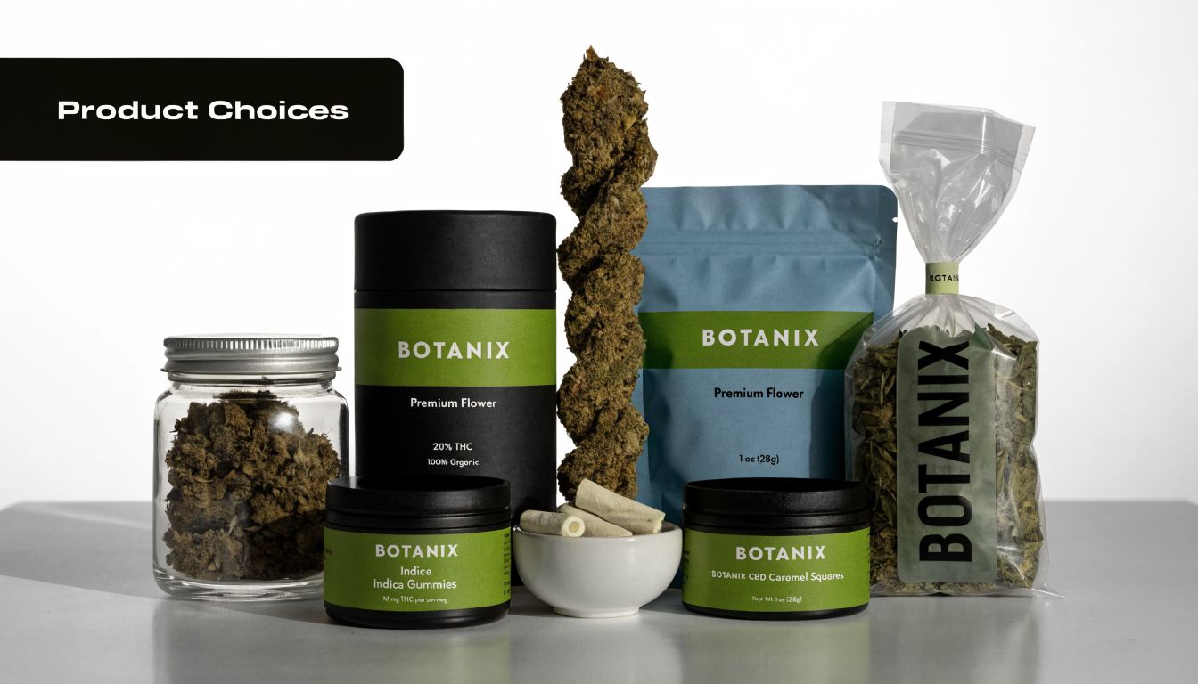 A display of various Botanix brand cannabis products including flower jars, pouches, gummies, and pre-rolls.