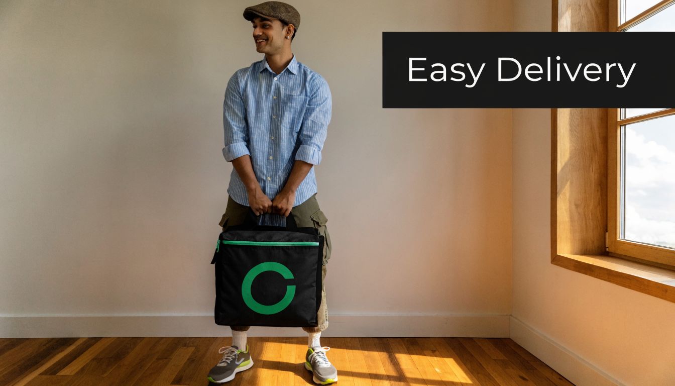 A delivery person wearing a flat cap holds a large black bag with a green logo.