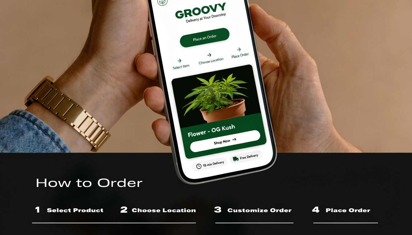 A smartphone held in hand displaying a cannabis delivery app interface with an ordering guide below.