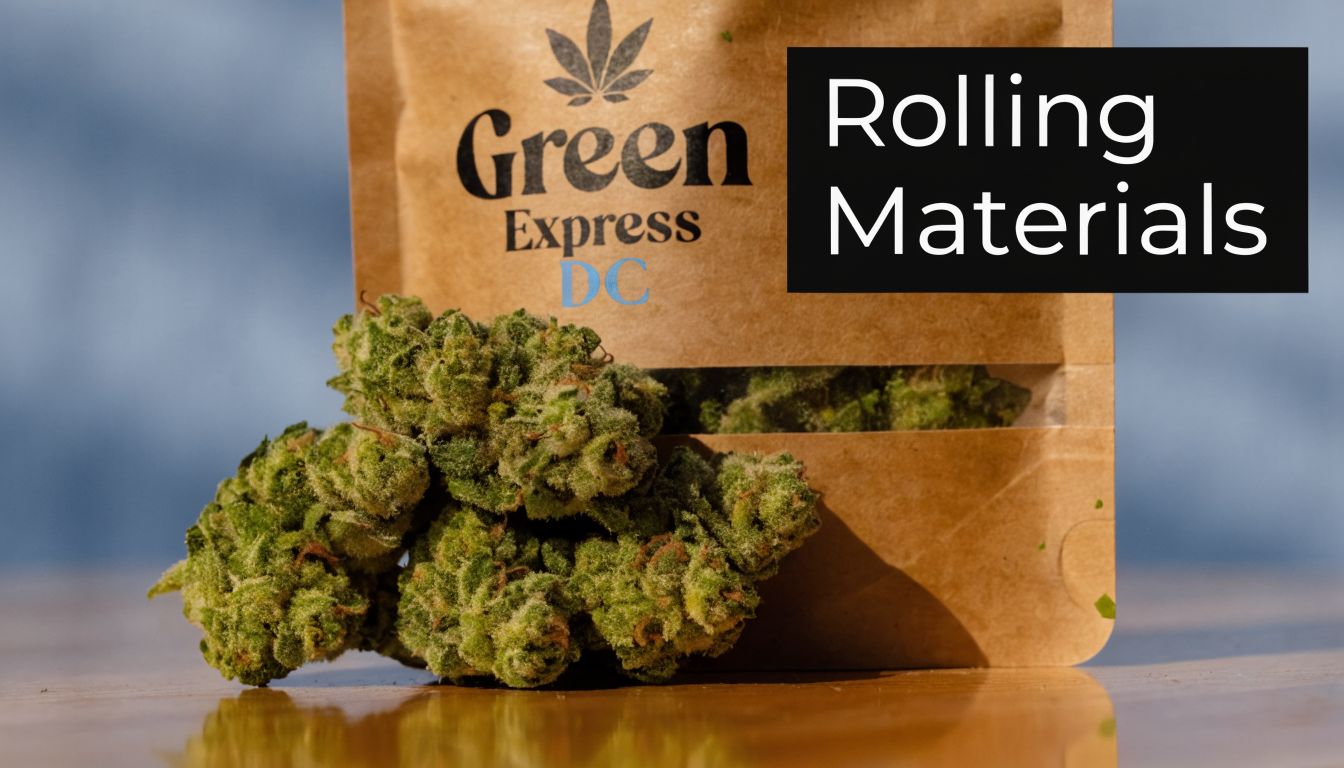A close-up view of fresh green cannabis buds positioned in front of a branded brown paper pouch.
