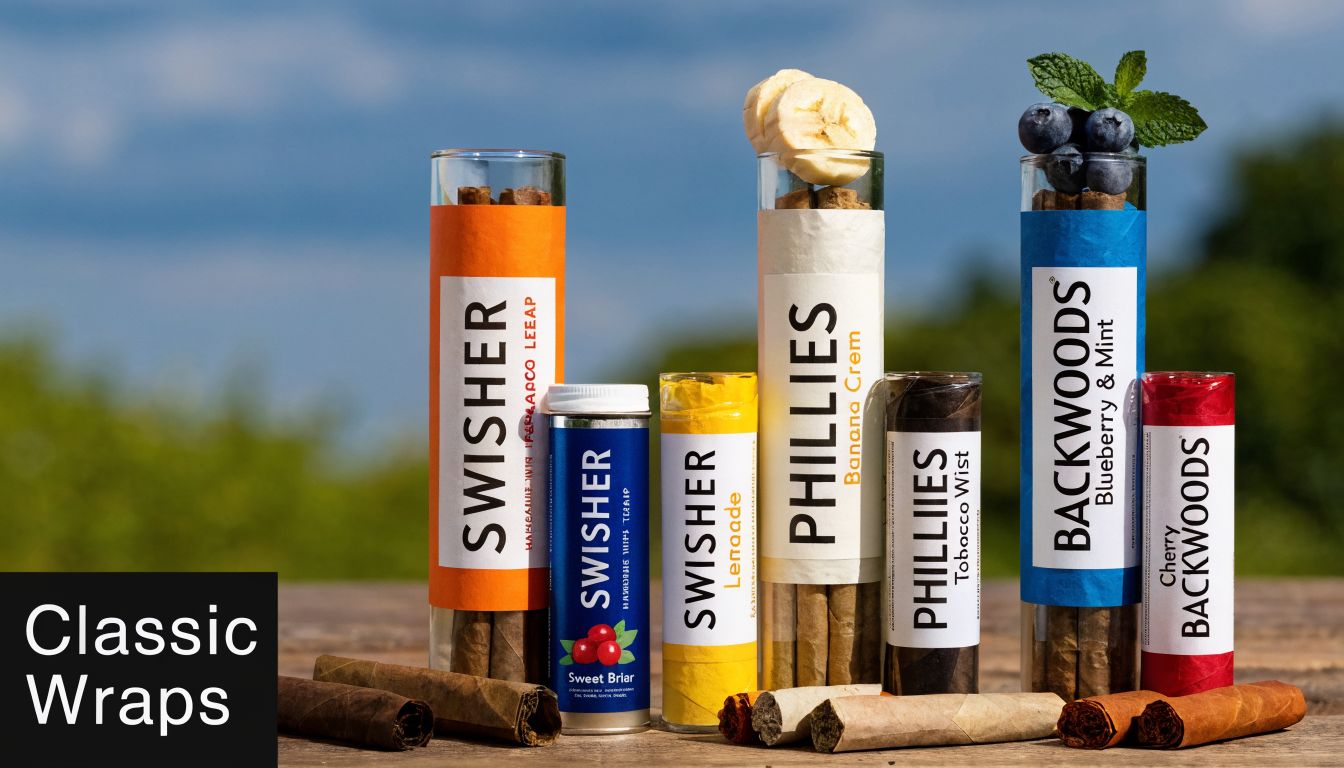 A collection of branded cigar wraps and blunt tubes displayed on a rustic wooden table outdoors.