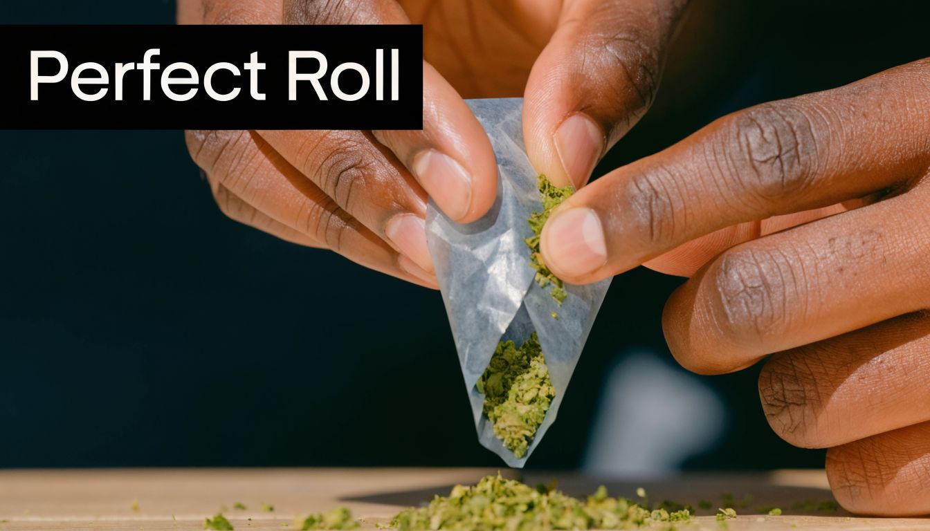 A close-up shot of a person's hands skillfully rolling dried green herbs inside a thin paper.