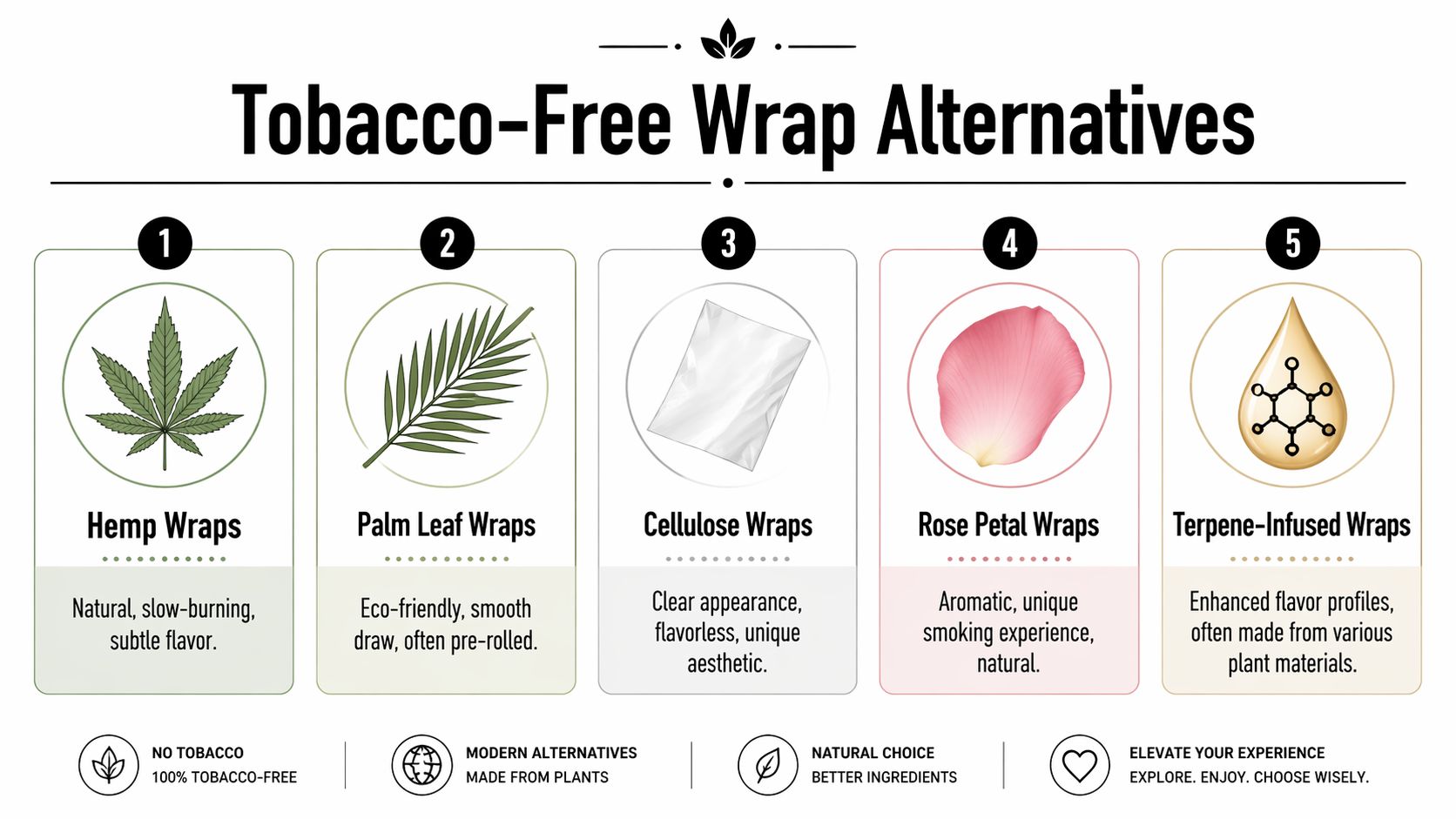 An infographic showing five tobacco-free wrap alternatives for smoking, including hemp, palm leaf, cellulose, rose petal, and terpene-infused options.