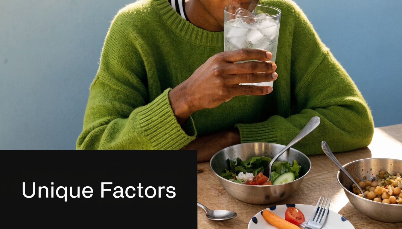A person in a green sweater eats a healthy salad while drinking a glass of ice water.
