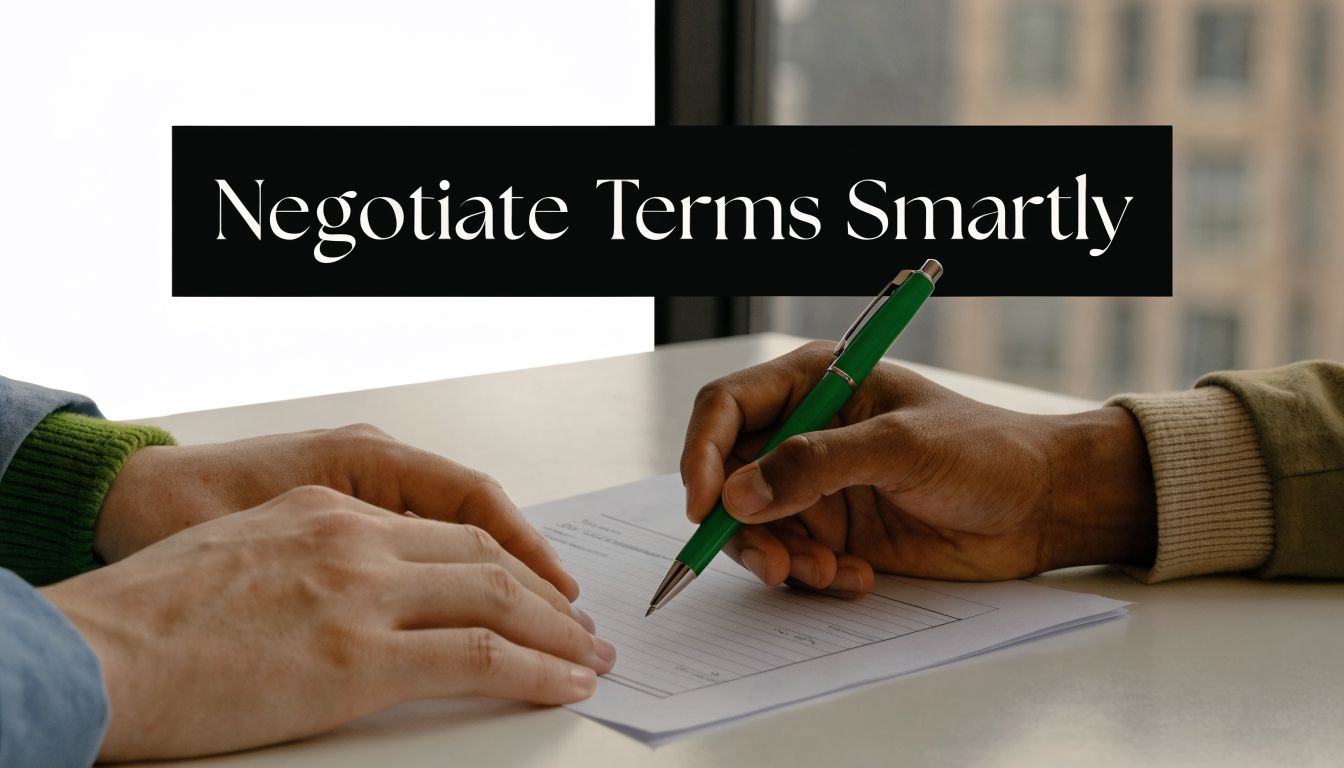 Two people working together at a desk signing a contract to negotiate business terms effectively.