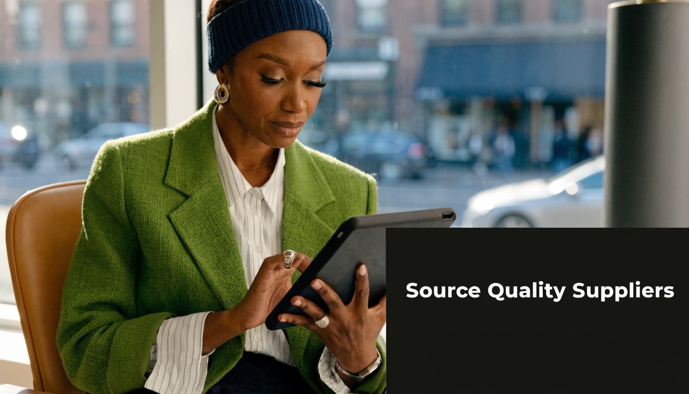 A professional woman in a green blazer uses a digital tablet near a bright window.