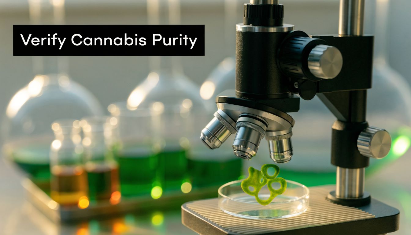 A microscope inspecting a green plant sample in a laboratory setting for cannabis purity verification purposes.