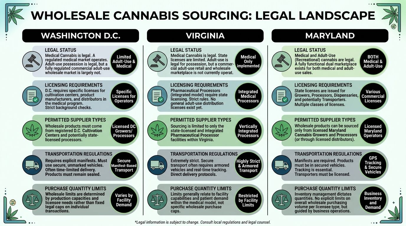 A comparison chart outlining the legal landscape for wholesale cannabis sourcing in Washington D.C., Virginia, and Maryland.