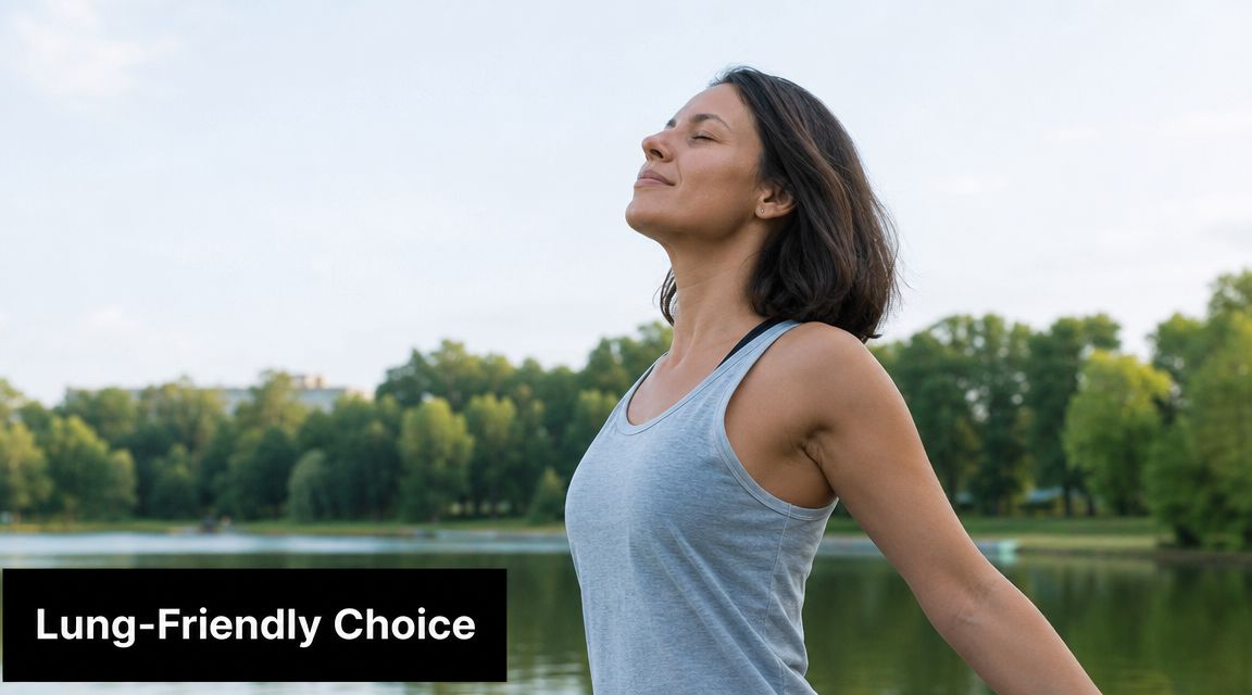 A woman breathing fresh air deeply near a tranquil lake, embodying a healthy and lung-friendly lifestyle.