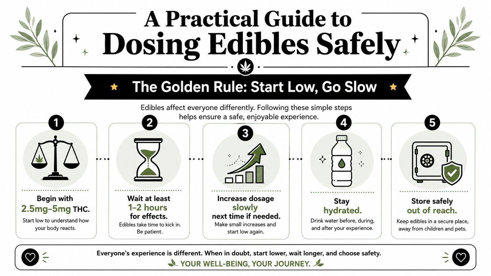 An infographic titled A Practical Guide to Dosing Edibles Safely, illustrating five essential safety steps for users.