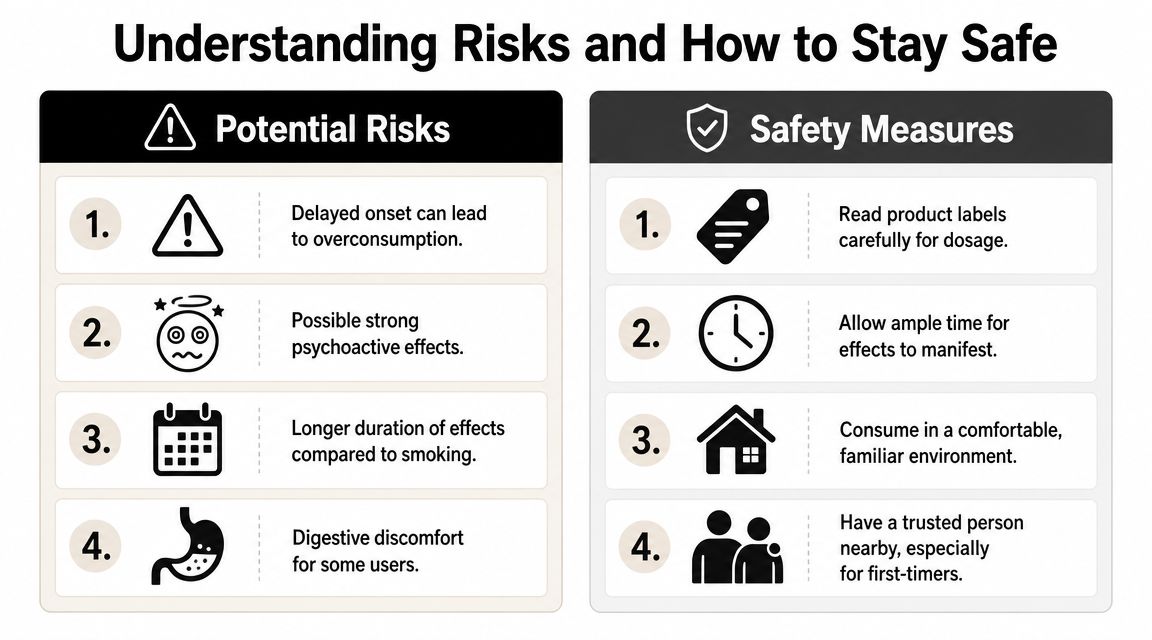 An infographic listing potential risks and safety measures for consuming cannabis edibles to prevent adverse effects.