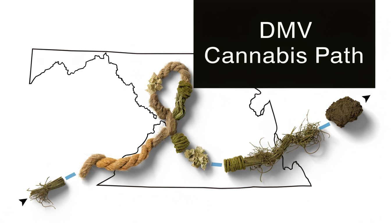 A map of Maryland featuring a decorative rope path transitioning into cannabis plant materials and hashish.