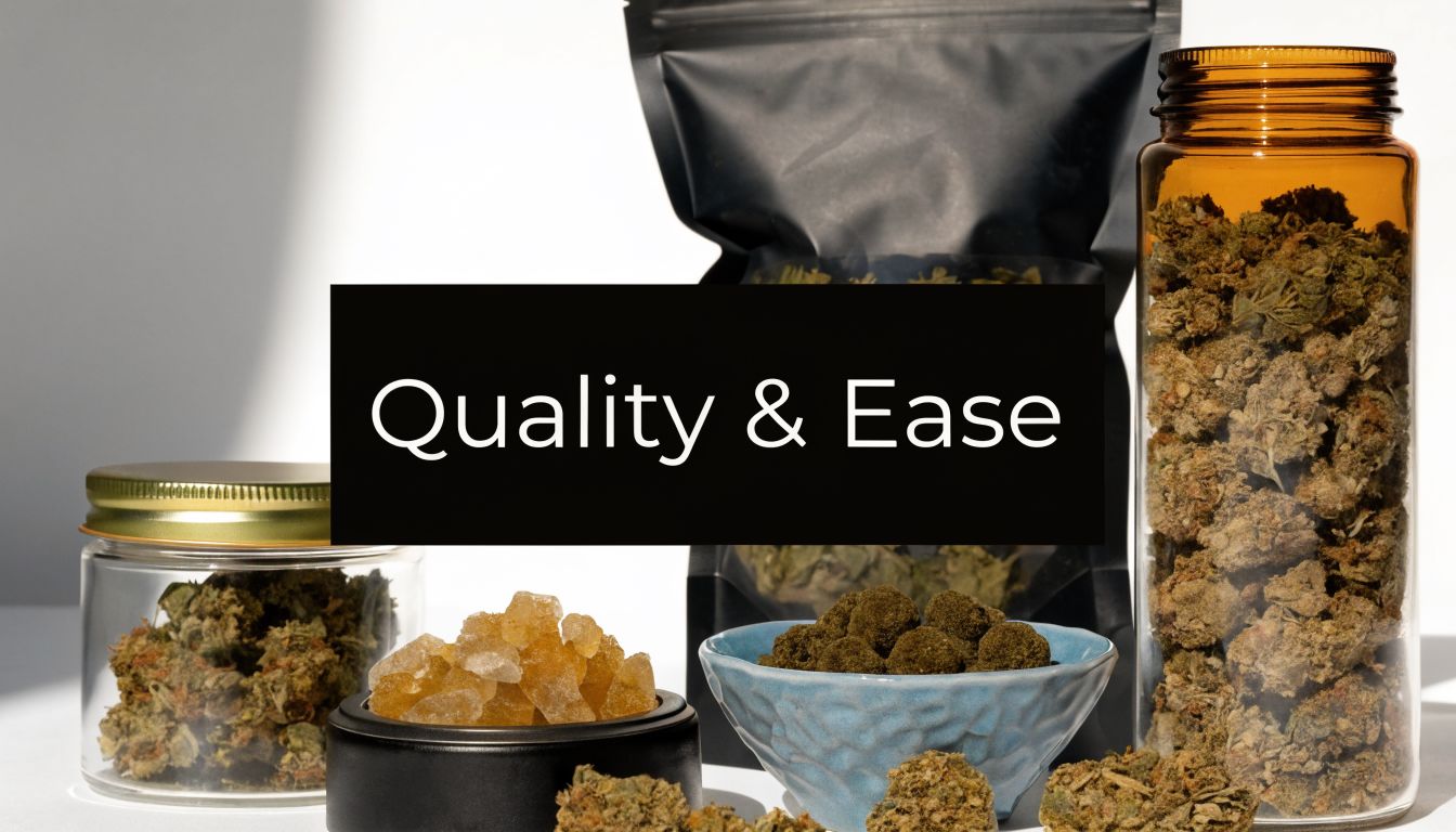 Various cannabis products including flower jars, resin crystals, and dark hashish pieces displayed on a white surface.