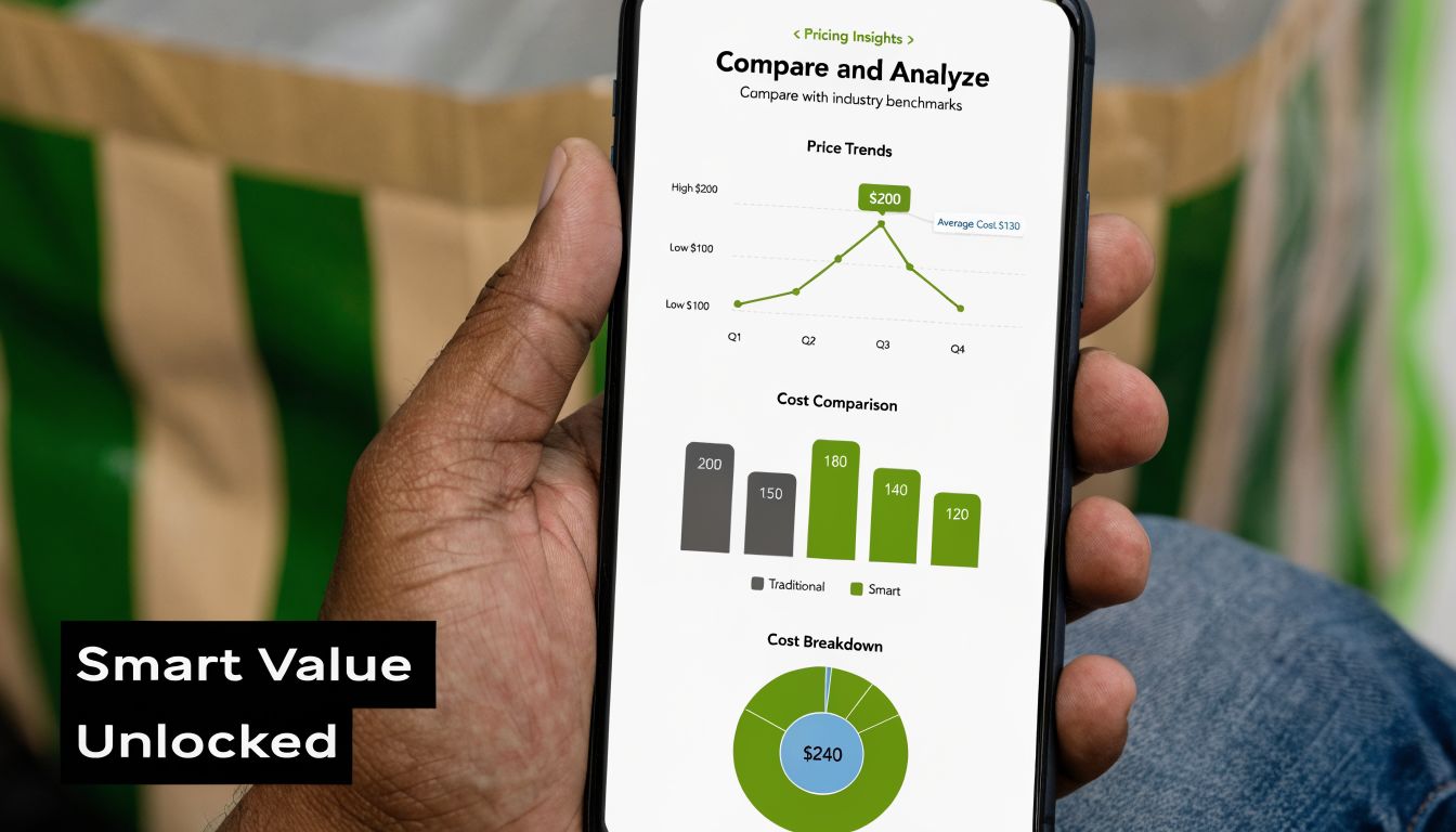 A hand holding a smartphone showing a pricing insights dashboard with charts and data analytics visuals.