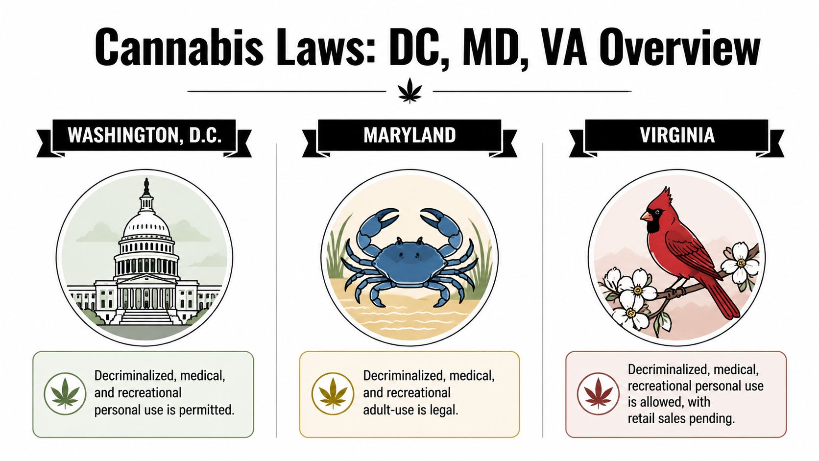 An infographic summarizing cannabis laws for Washington DC, Maryland, and Virginia, detailing medical and recreational use.