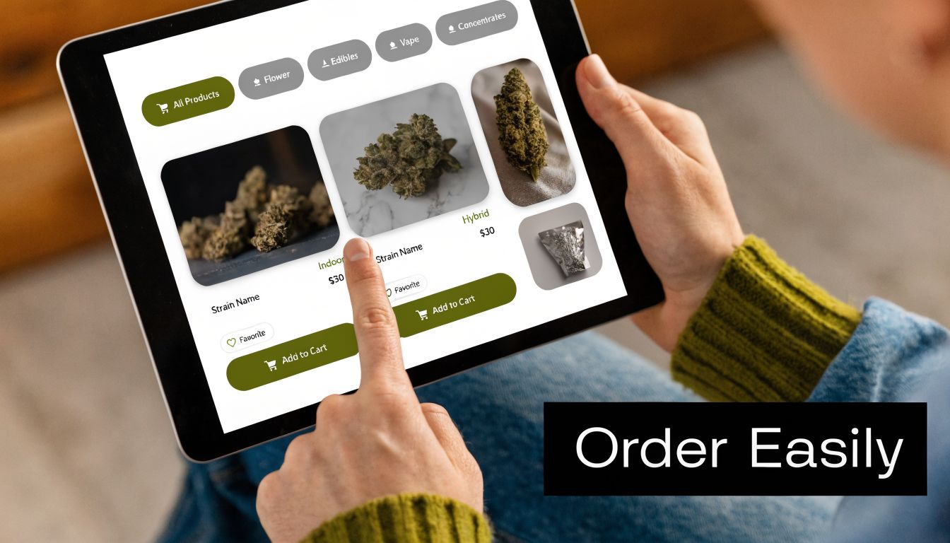 A person using a digital tablet to browse and order cannabis products from an online dispensary store.