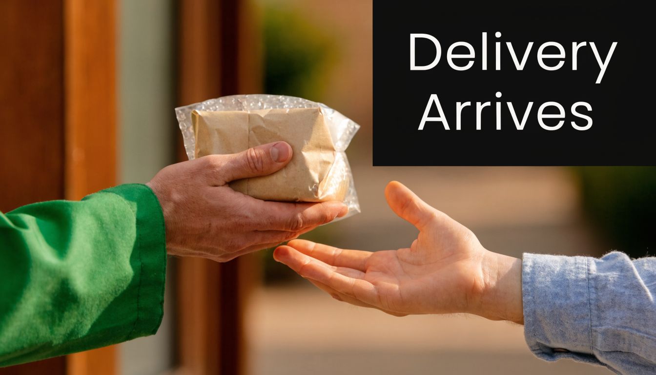 A delivery person handing a small brown paper package to a customer at a front door.