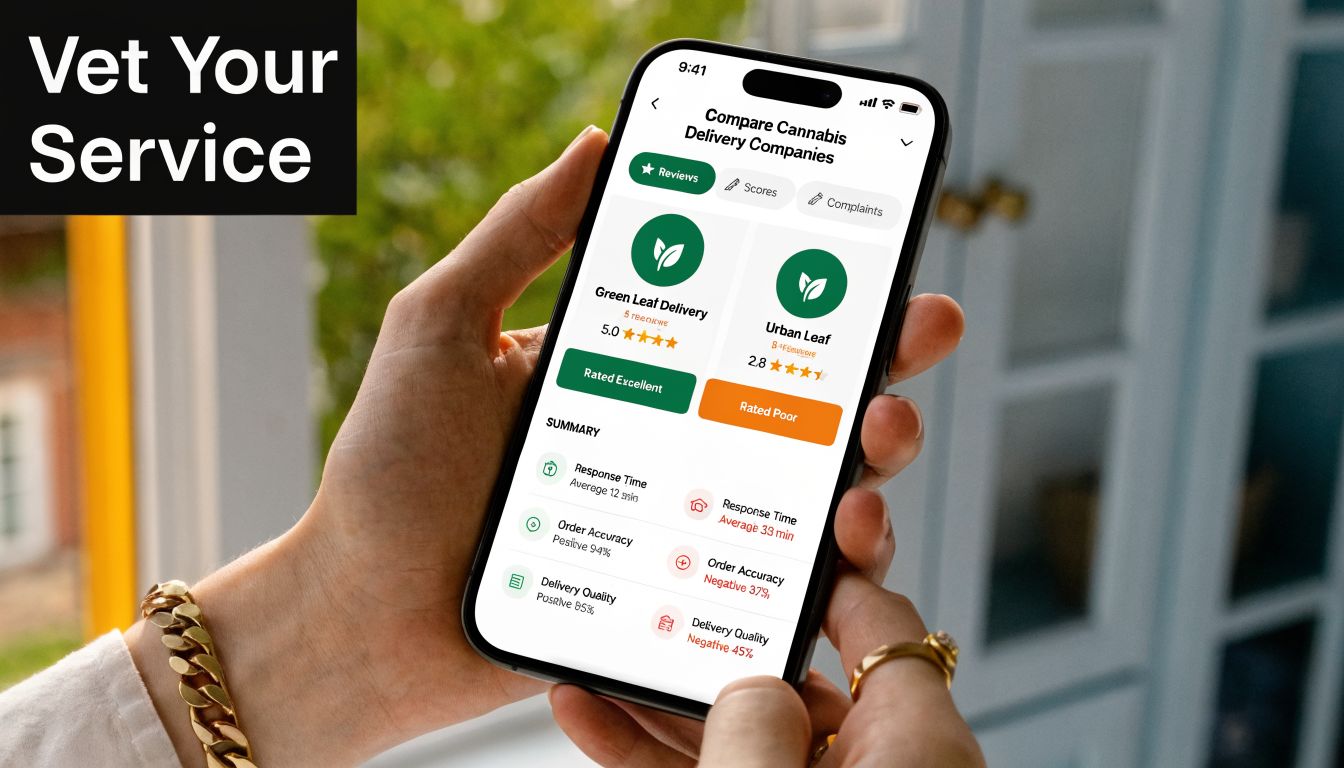 A person holding a smartphone showing a mobile app comparing two different cannabis delivery companies services.