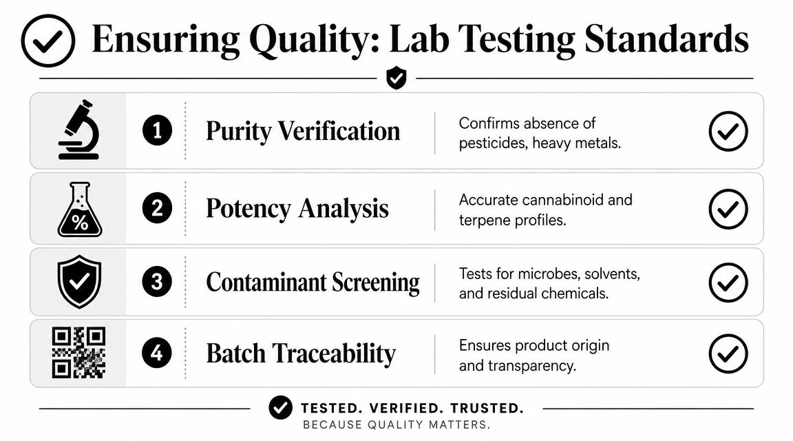 An infographic detailing four lab testing standards for cannabis products including purity, potency, contaminants, and traceability.