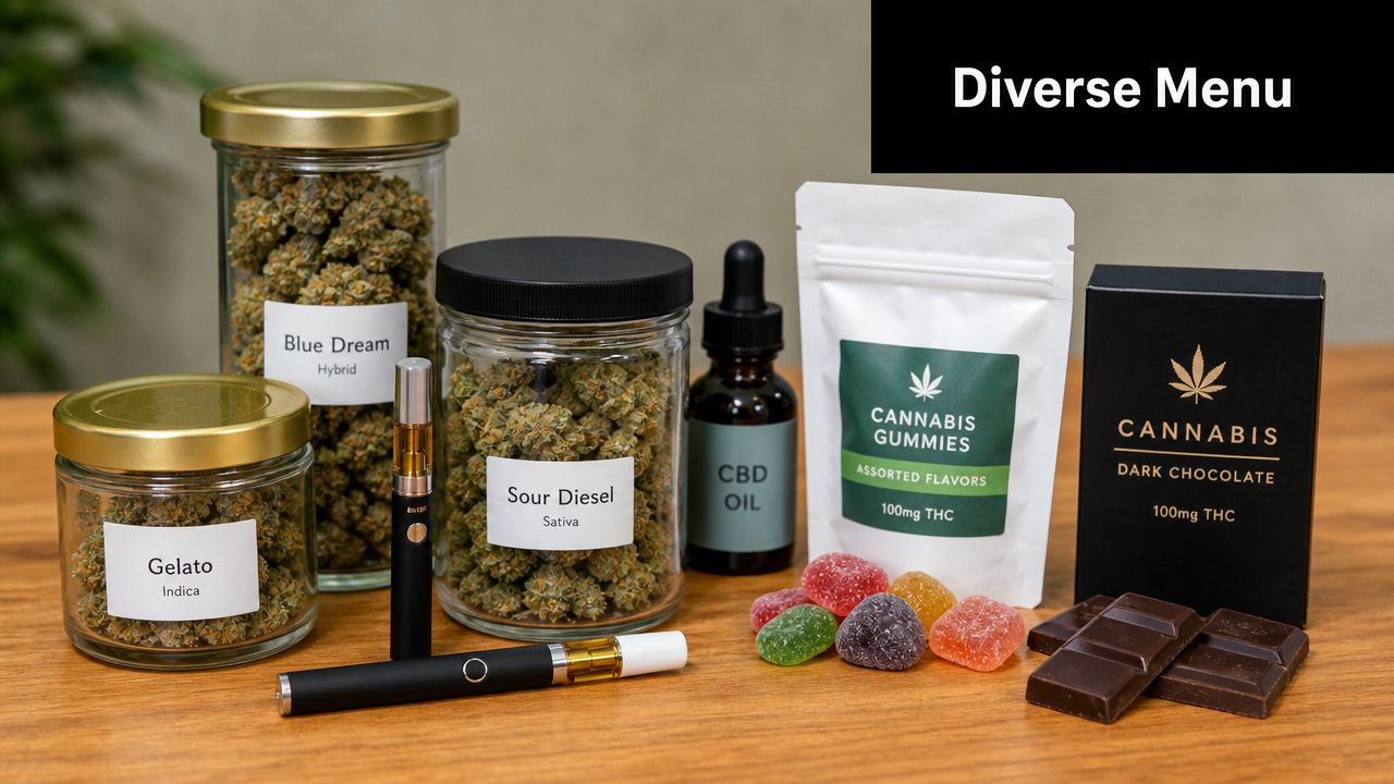 A display featuring various cannabis products including flower jars, vape pens, gummies, and dark chocolate bars.