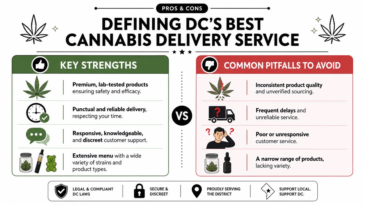 An infographic titled Defining DC's Best Cannabis Delivery Service comparing key strengths against common pitfalls to avoid.