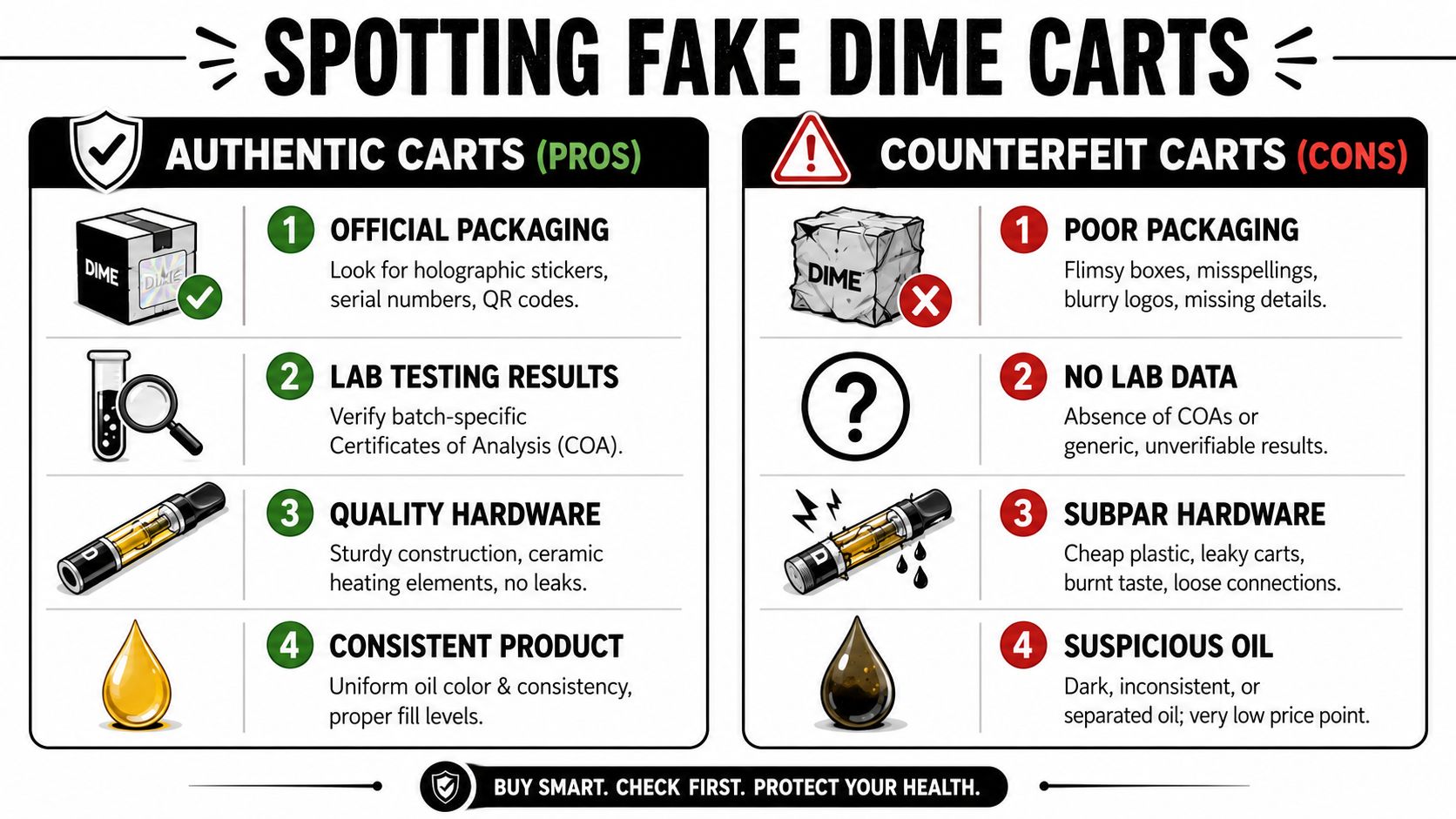 A safety infographic showing the difference between authentic Dime vape cartridges and counterfeit versions to protect health.