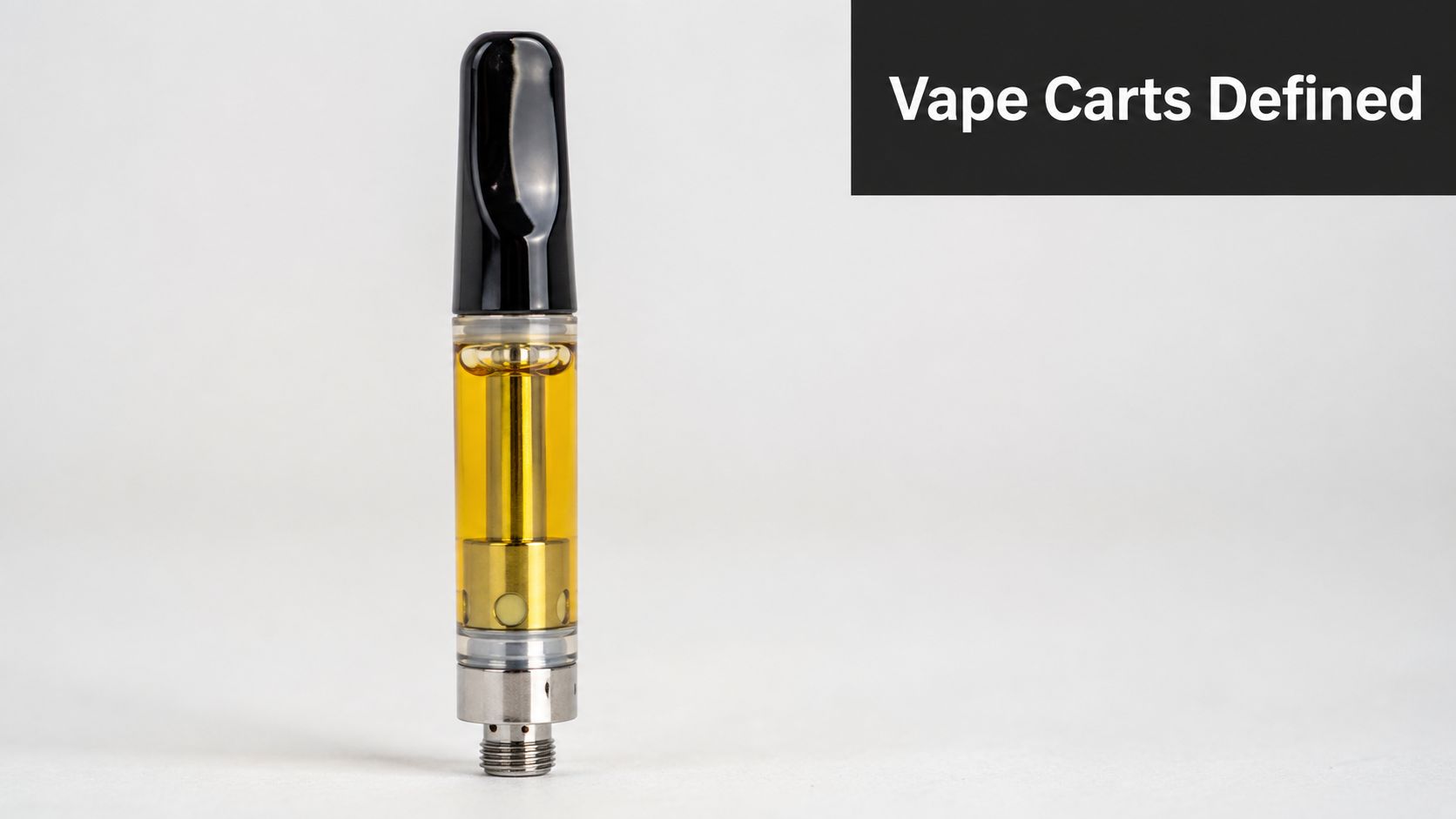 A close-up studio shot of a gold-colored cannabis oil vape cartridge against a plain white background.