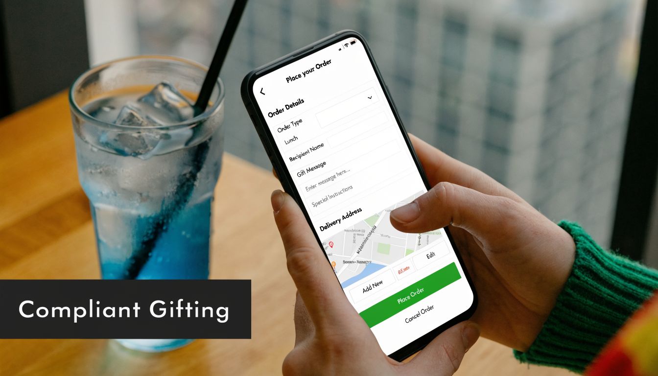 A person using a smartphone app for corporate compliant gifting while sitting at a table.
