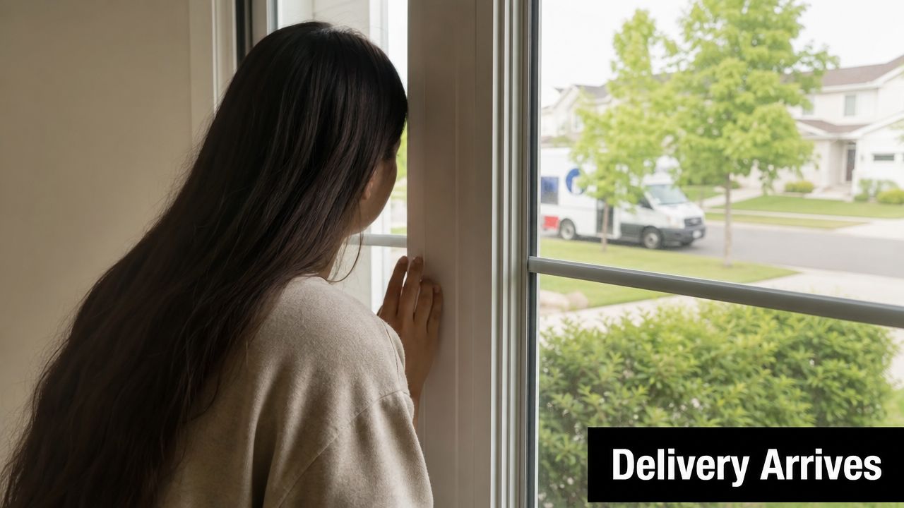 A young woman looks out of a window while waiting for a delivery truck to arrive.