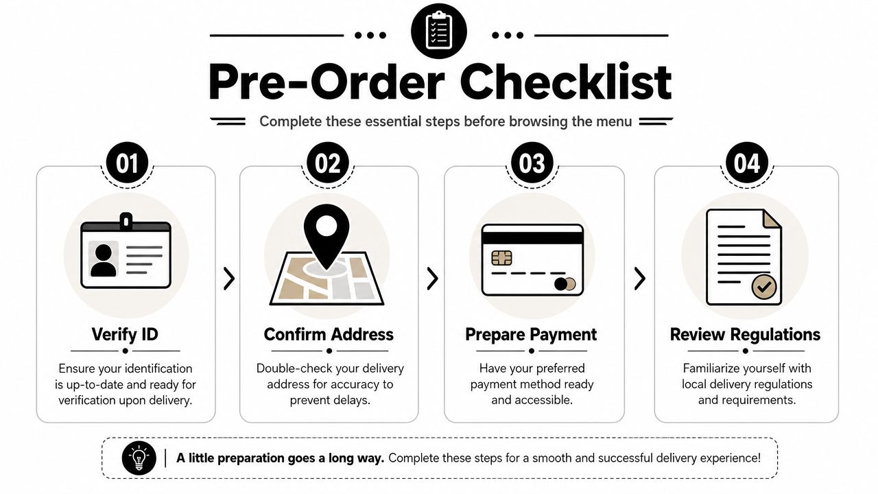 A checklist infographic detailing four steps to prepare for a successful delivery, including ID, address, payment, and regulations.