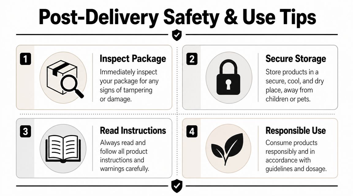 A safety infographic showing four steps for post-delivery care, including inspection, secure storage, instructions, and responsible use.