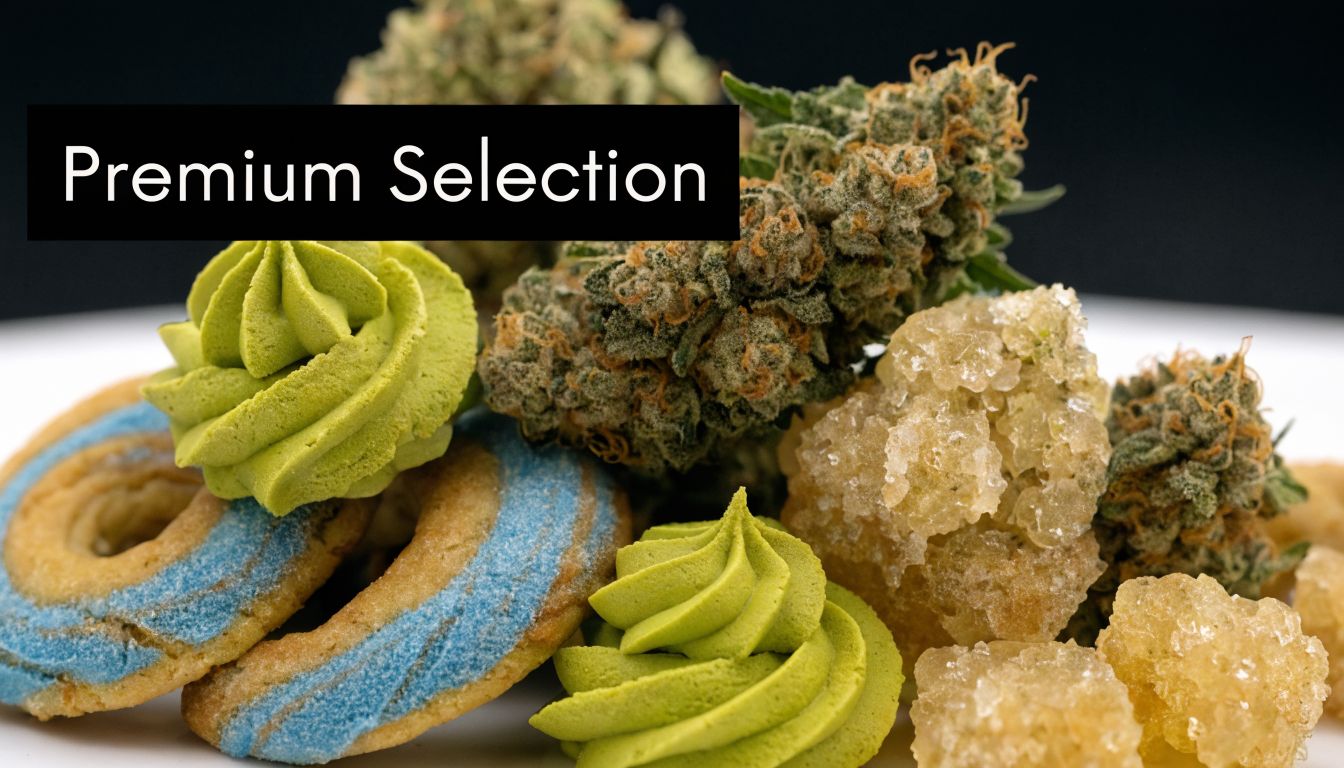 A premium selection of cannabis flower buds, sugar wax concentrates, and green swirled cookies on a table.
