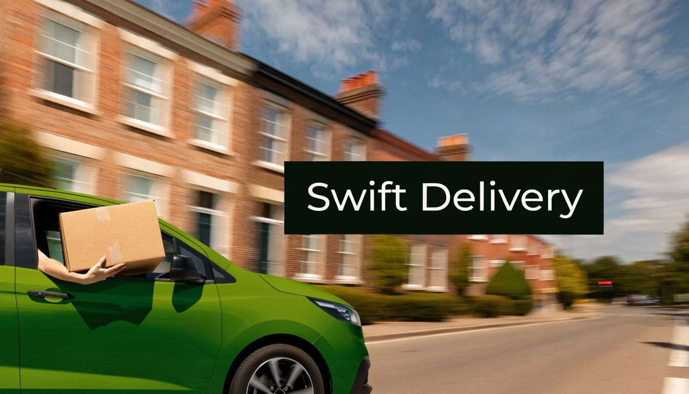 A green delivery van driving quickly past houses with a person holding a package out the window.